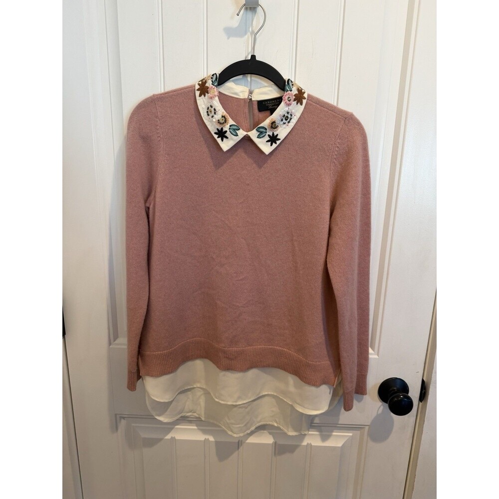 Charter Club 100% Cashmere Sweater S Pink Embellished Collar Layered Look
